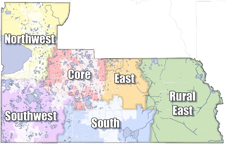 Market areas representing north, south, east, far east, west and central Orange County